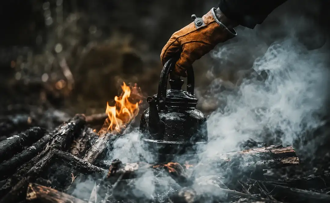 Gloved hand placing a metal kettle over a campfire