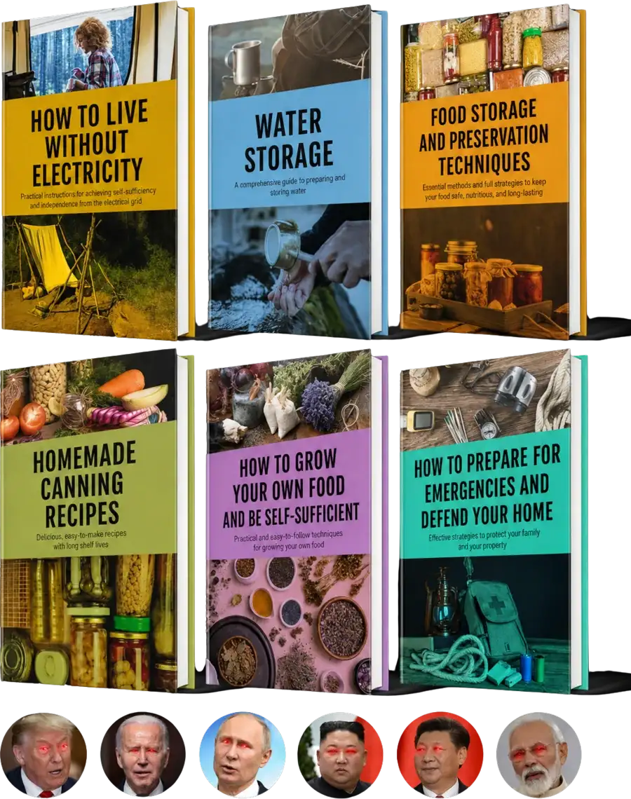 The six books of the Smart Survival Bundle in 3D view, alongside portraits of world leaders