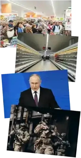 Collage of crisis scenes: crowded supermarket, empty shelves, a leader giving a speech, and armed military personnel