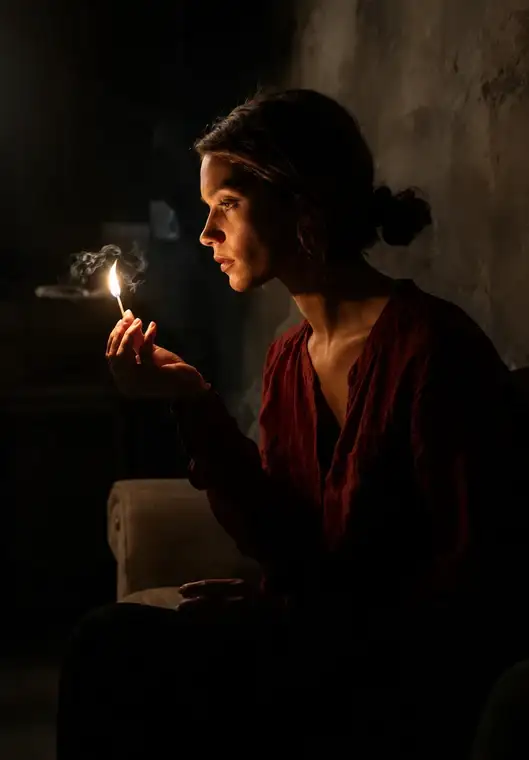 Woman holding a lit match in a dark room